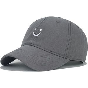 Unisex Grey 100% Cotton Smile Face Embroidered Adjustable Classic Baseball Cap